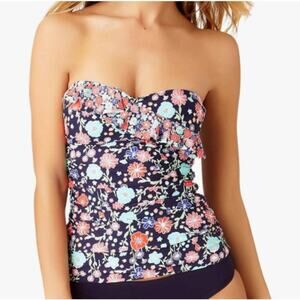 Anne Cole Lazy Daisy Navy Flounce Shirred Bandeau-Kini Top XS NWT